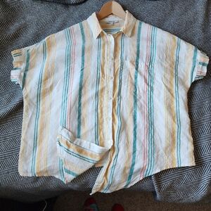 Linen Striped Camp Shirt w/ Tie